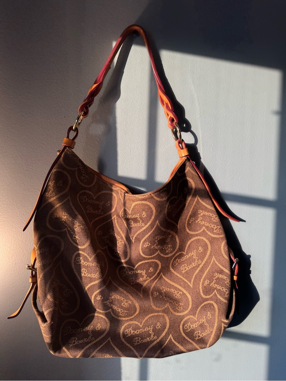 Dooney & Bourke Brown Heart-Print Shoulder Bag with Tan Trim